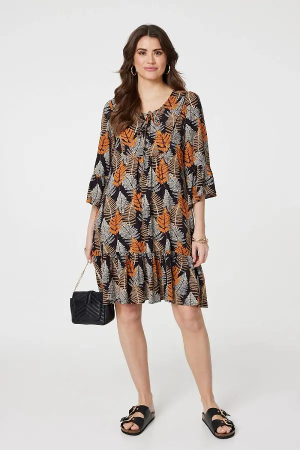 Leaf Print Knee Length Relaxed Dress