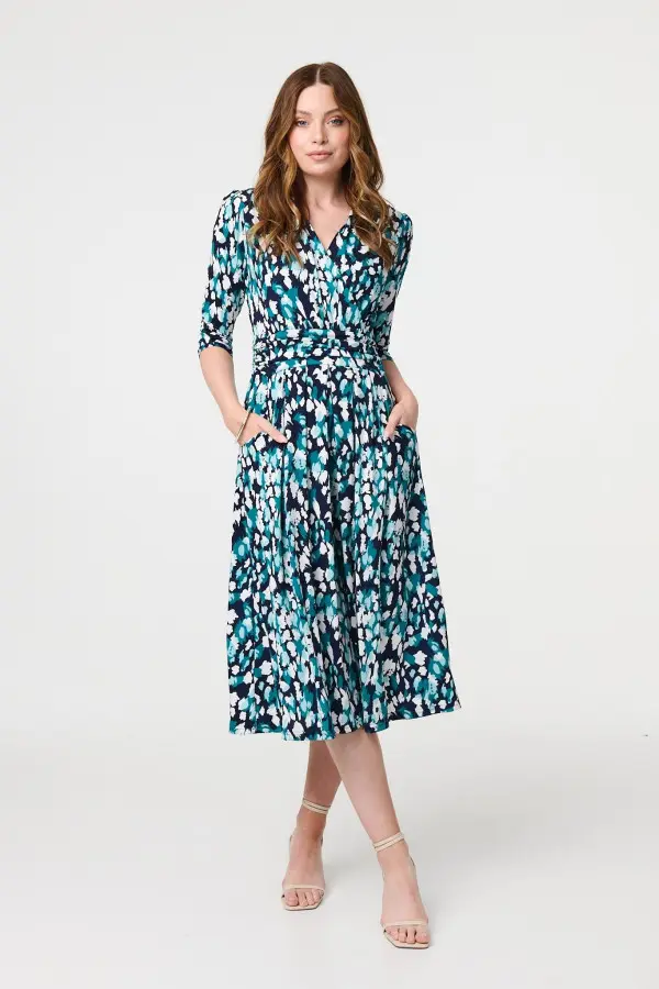 Printed 3/4 Sleeve V-Neck Midi Wrap Dress