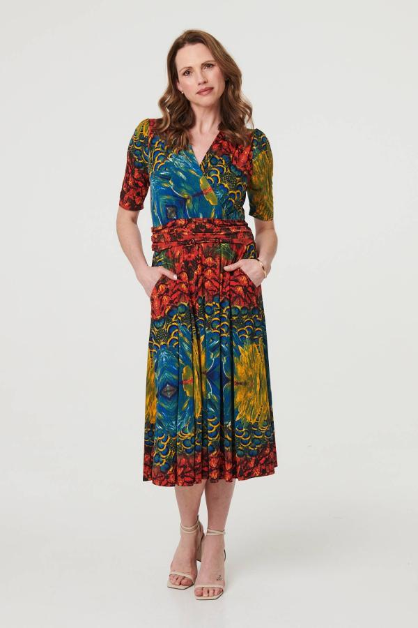 Printed Ruched Waist Faux Wrap Midi Dress