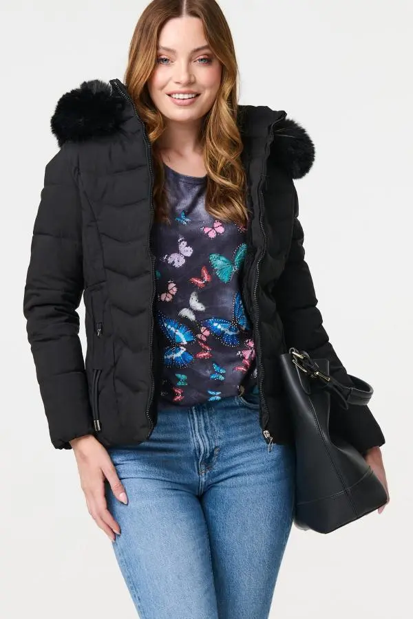 Faux Fur Hooded Zip-Up Puffer Jacket