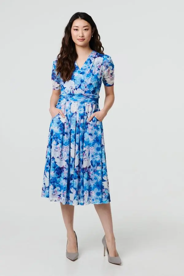 Floral Mesh Pleated Faux Wrap Midi Dress