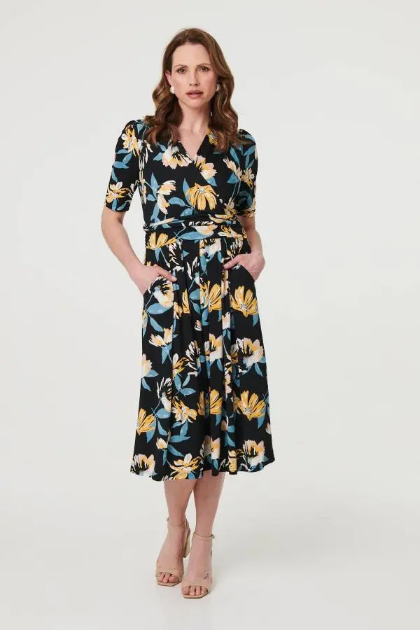 Floral Short Sleeve Faux Wrap Midi Dress