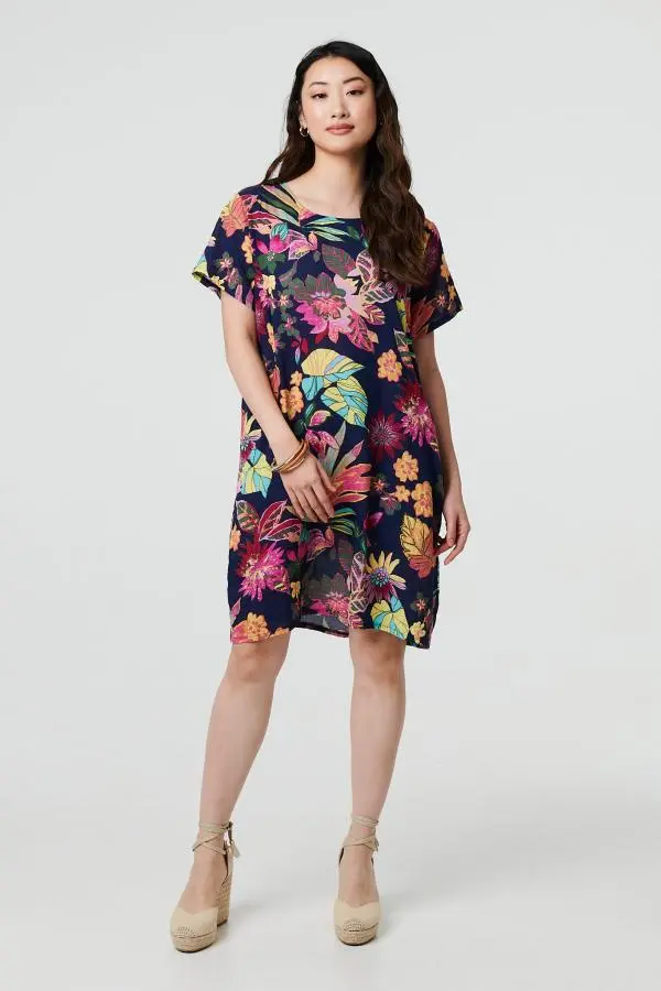 Tropical Print Knee Length Shift Dress