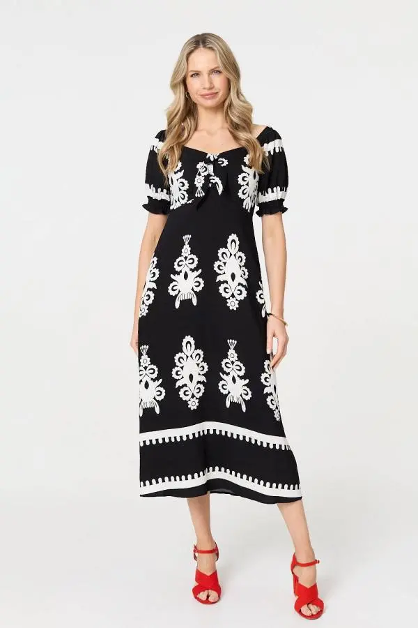 Printed Puff Sleeve Tie Front Midi Dress