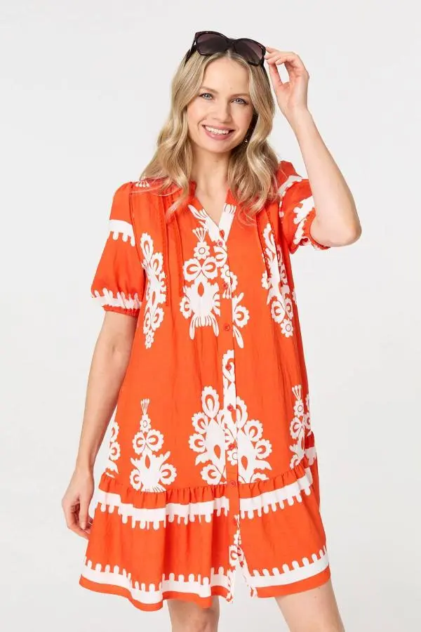 Printed Lace Trim Relaxed Short Shirt Dress