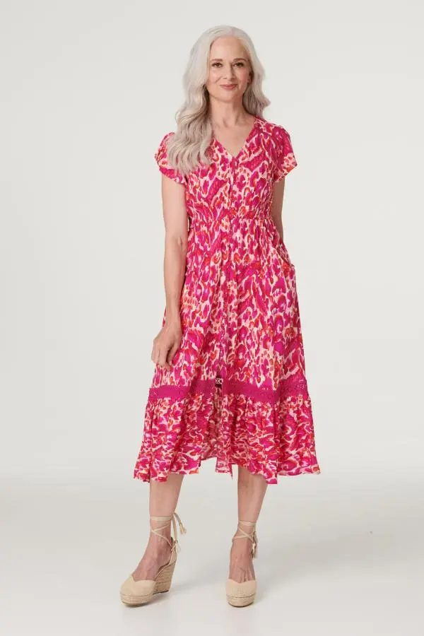 Printed V-Neck Tiered Midi Dress