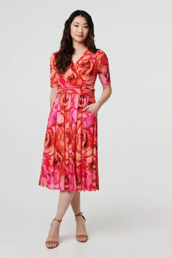 Floral Mesh Ruched Midi Faux Wrap Dress