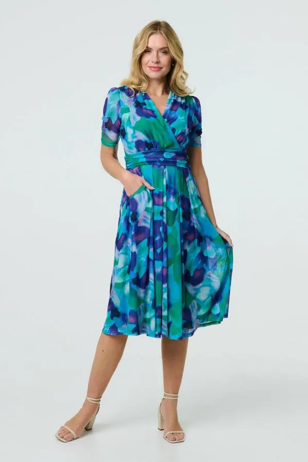 Printed Short Sleeve Pleated Wrap Midi Dress