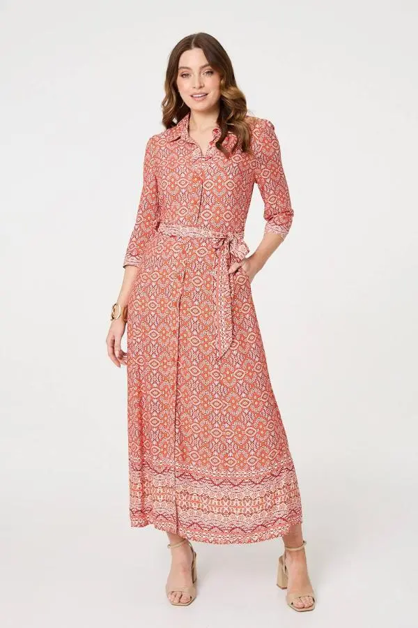 Geo Print Tie Waist Maxi Shirt Dress