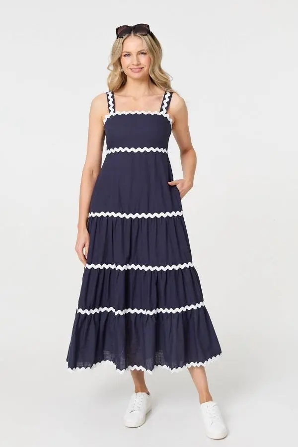 Zig Zag Trim Sleeveless Tiered Midi Dress