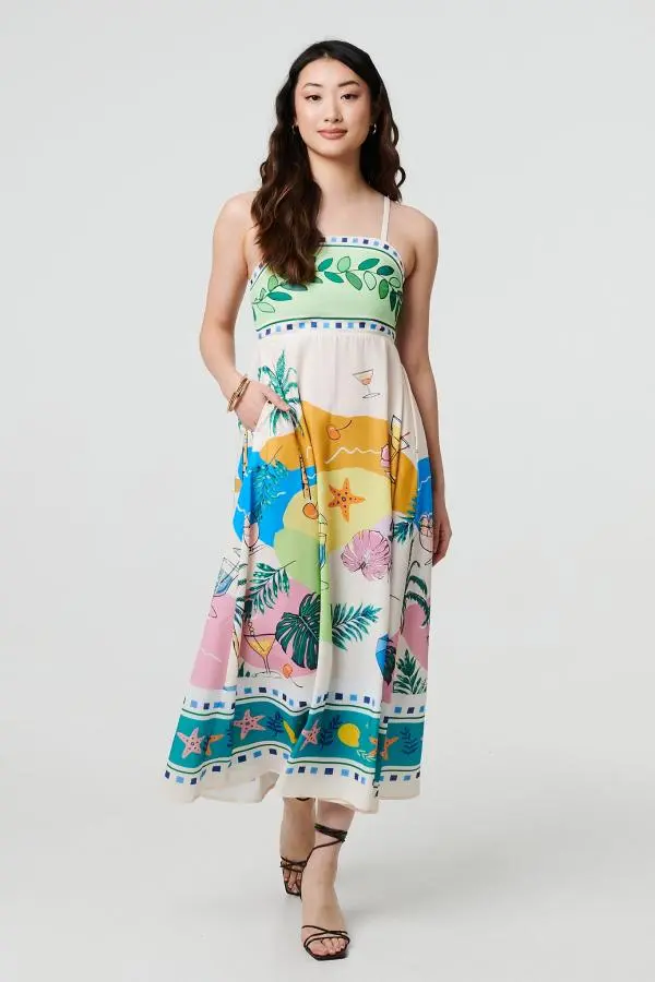 Printed Sleeveless Empire Midi Dress