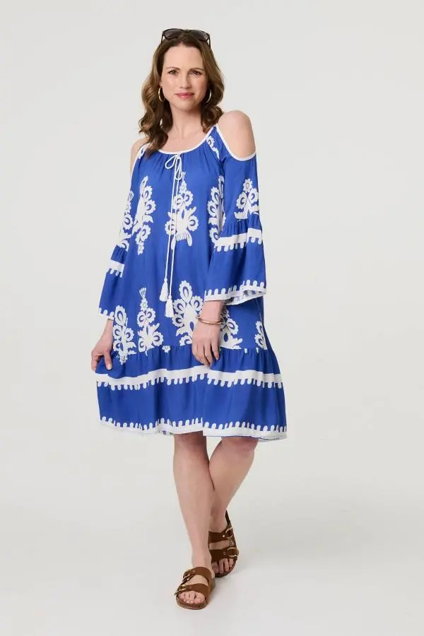 Ikat Print Cut Out Knee Length Sun Dress