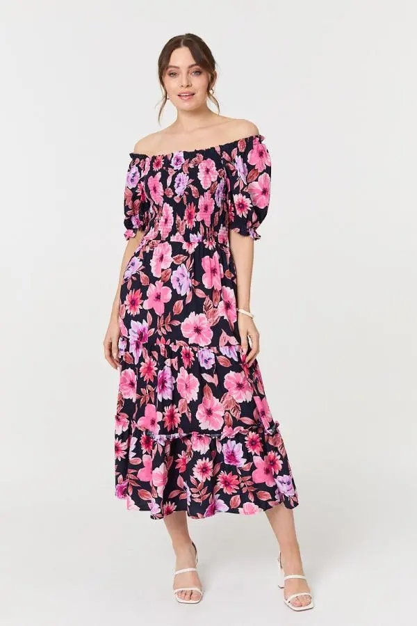 Floral Puff Sleeve Bardot Midi Dress