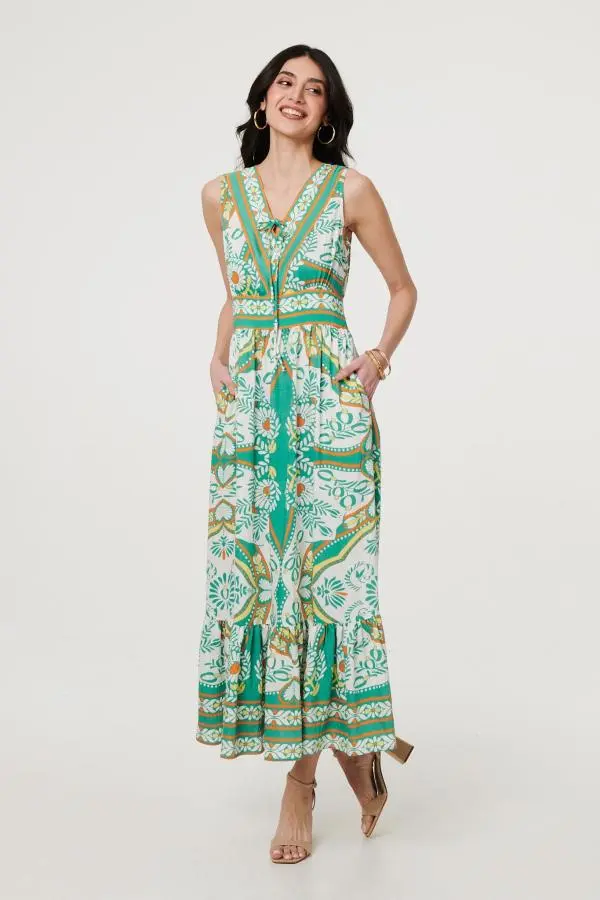 Printed Sleeveless Tie Empire Maxi Dress