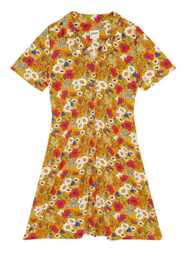 Joanie Clothing Greta Mustard Floral Print Jersey Tea Dress