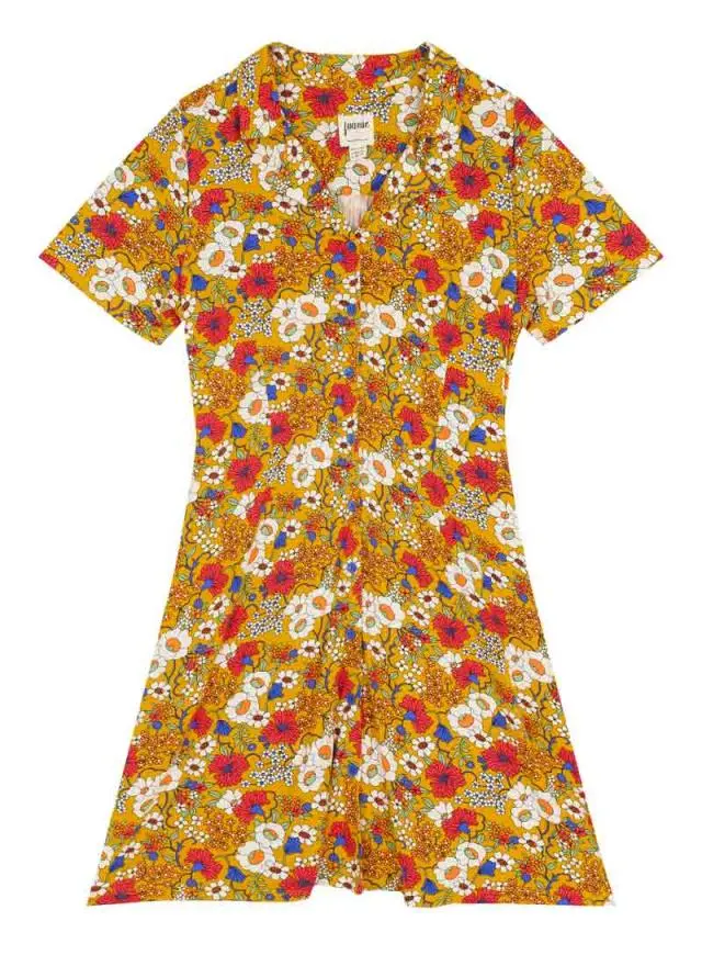 Joanie Clothing Greta Mustard Floral Print Jersey Tea Dress