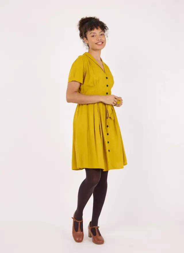 Joanie Clothing Barb Mustard Yellow Tie Waist Tea Dress