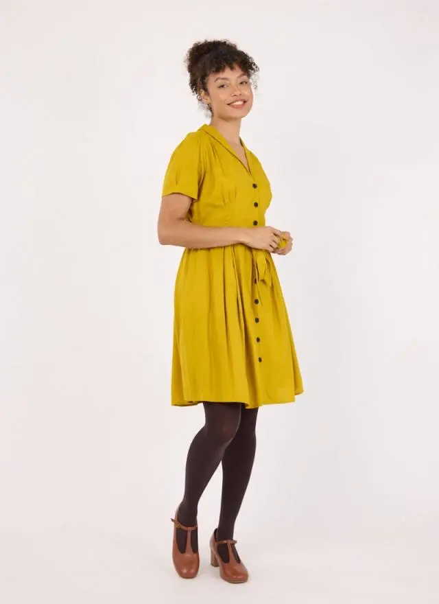 Joanie Clothing Barb Mustard Yellow Tie Waist Tea Dress