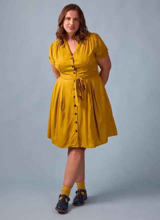 Joanie Clothing Barb Mustard Yellow Tie Waist Tea Dress