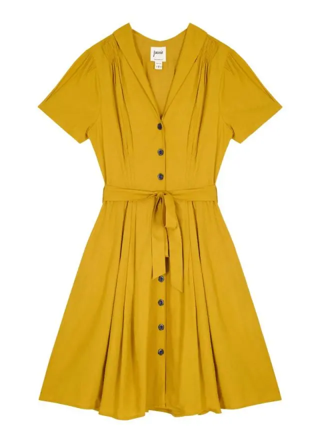 Joanie Clothing Barb Mustard Yellow Tie Waist Tea Dress