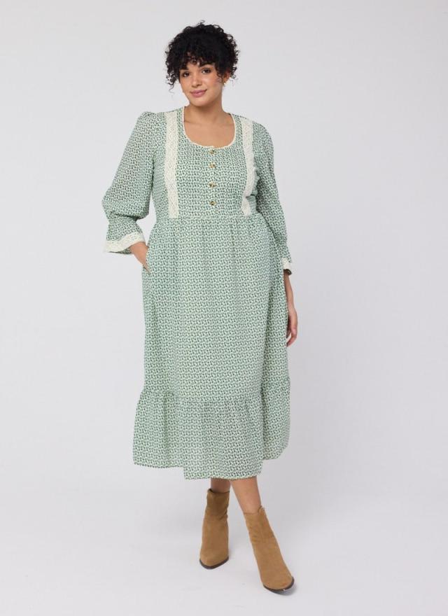 Joanie Clothing Eleri Sage Floral Print Crochet Trim Prairie Dress 