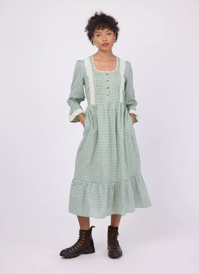 Eleri Sage Floral Print Crochet Trim Prairie Dress