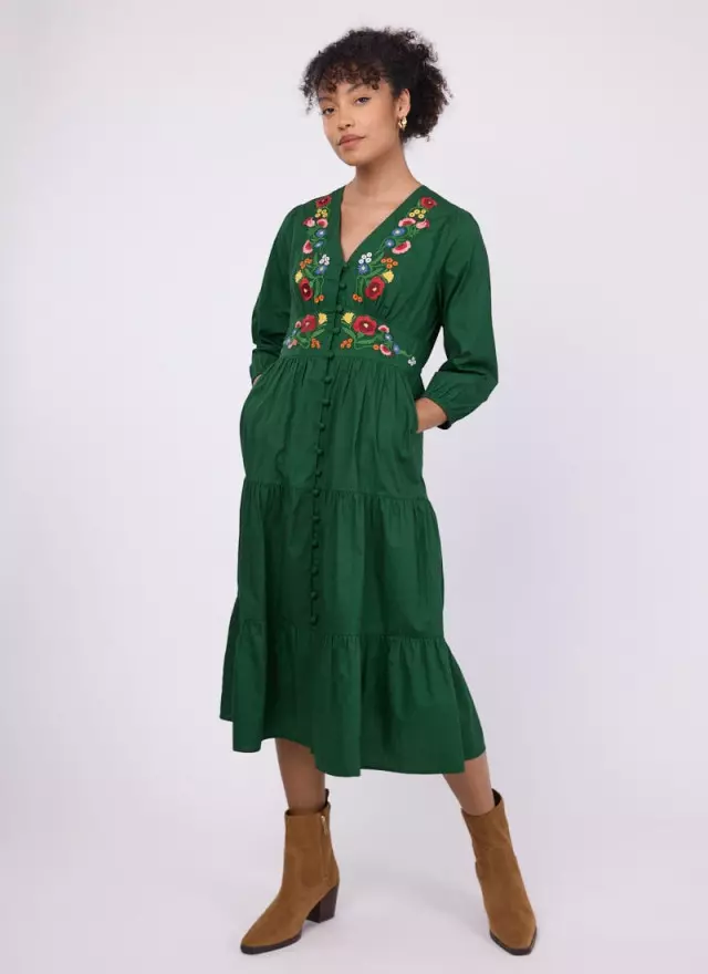 Catalina Green Vintage Floral Embroidered Dress
