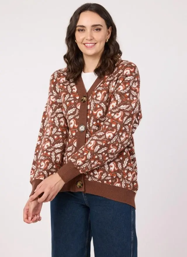 Joanie Clothing Oakley Autumnal Squirrel Print Oversized Cardigan