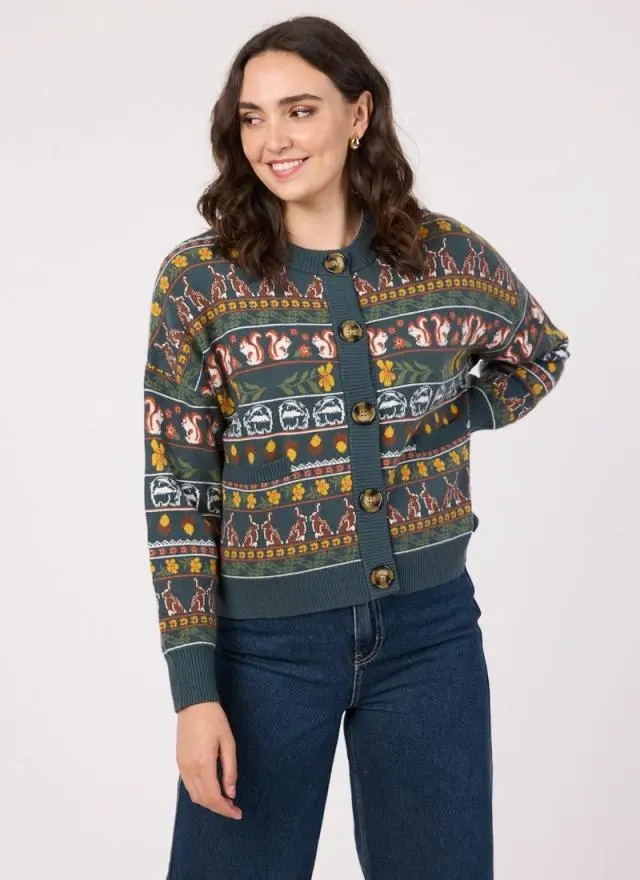 Joanie Clothing Alder Critter Print Fair Isle Cardigan