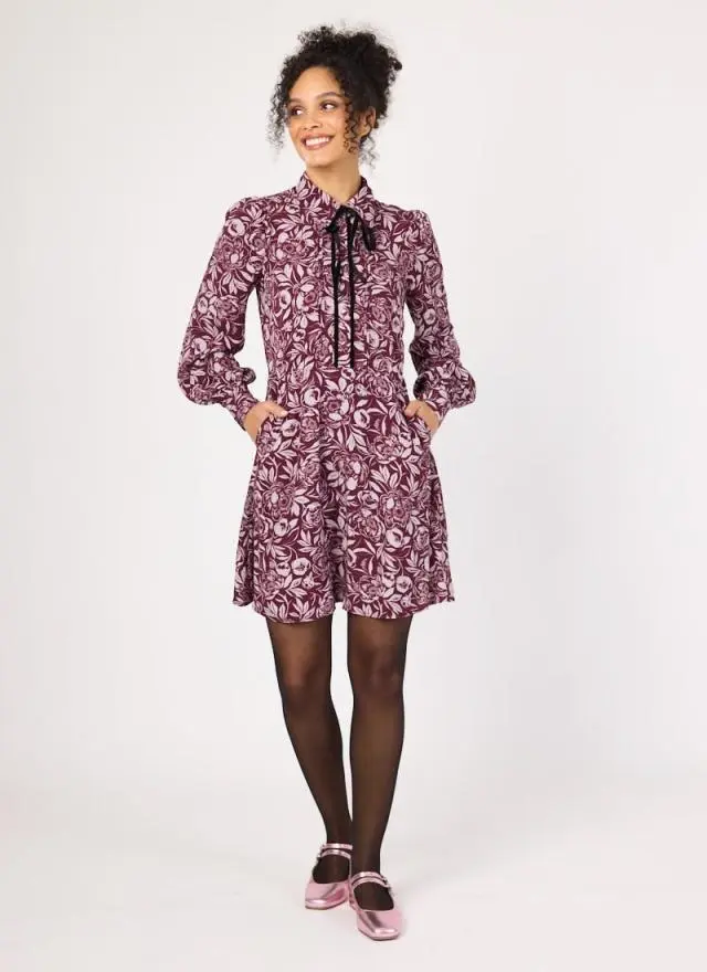 Joanie Clothing Paulina Peony Print Tie Neck Mini Dress 