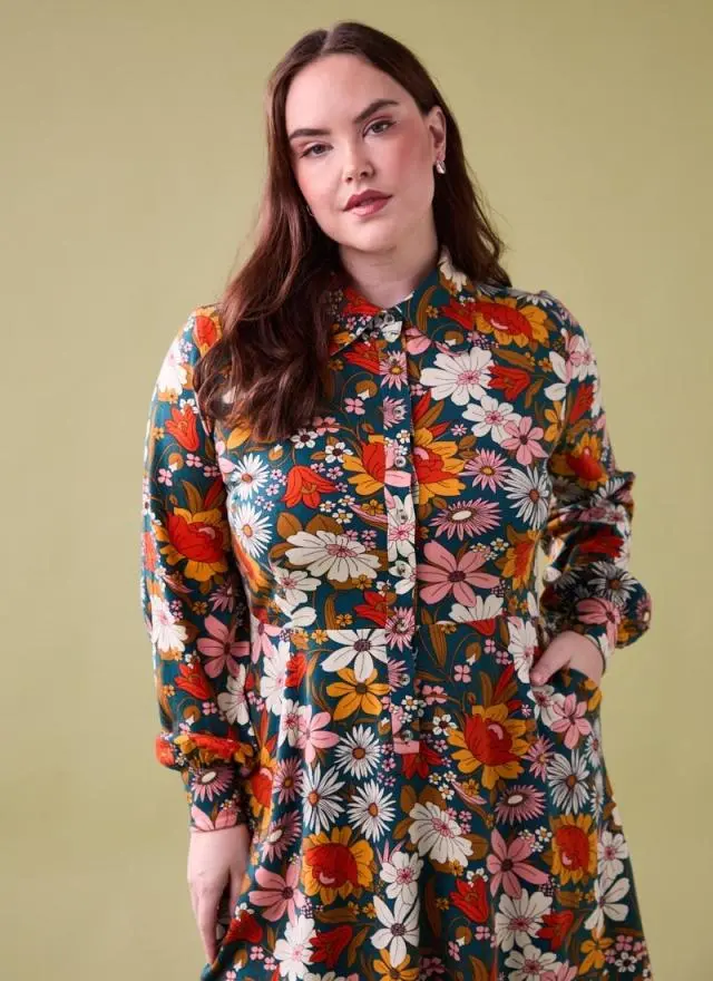 Joanie Clothing Spencer Retro Floral Print Jersey Shirt Dress 