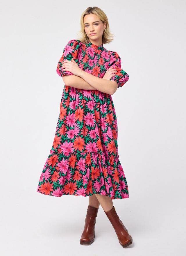 Joanie Clothing Priya Dahlia Floral Print Puff Sleeve Midi Dress 