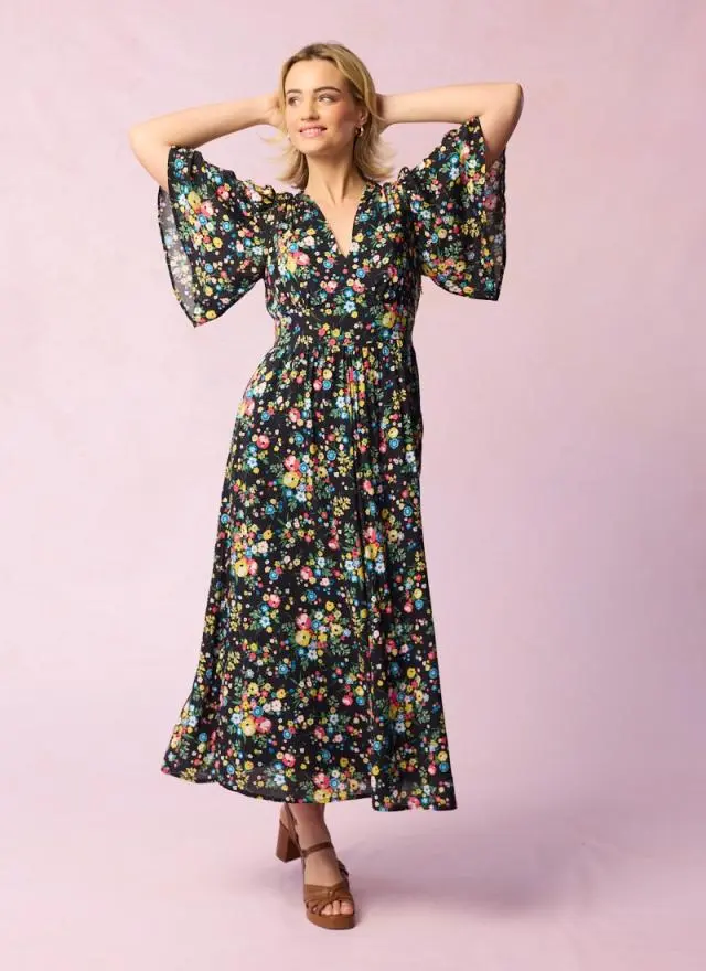 Joanie Clothing Desdemona Black Floral Print Midi Dress