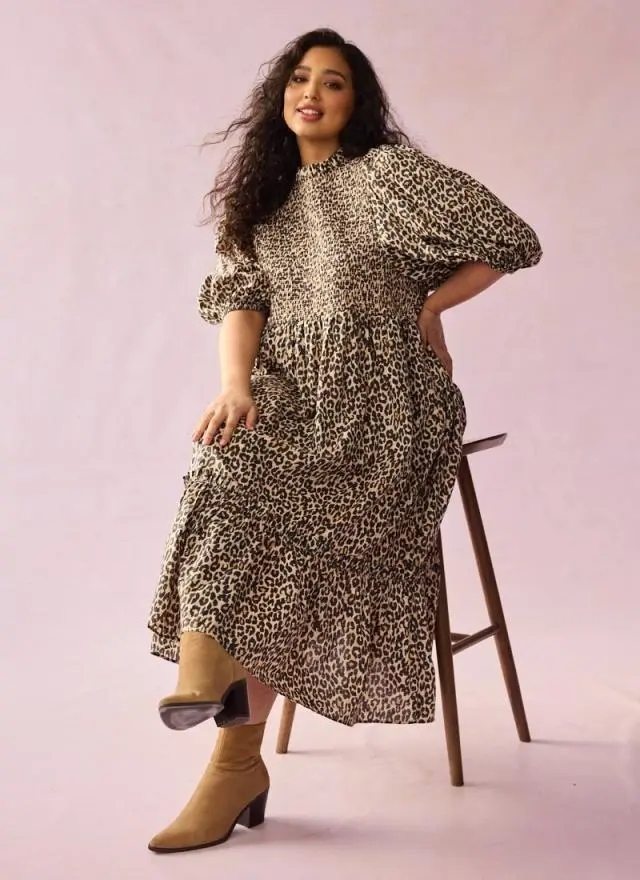 Joanie Clothing Priya Leopard Print Puff Sleeve Midi Dress