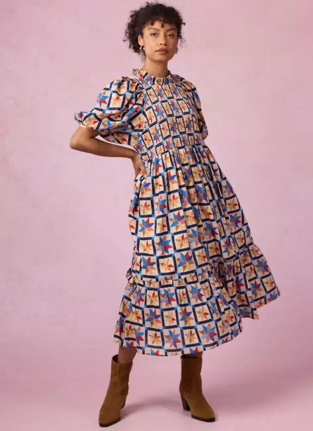Joanie Clothing Priya Patchwork Print Puff Sleeve Midi Dress 