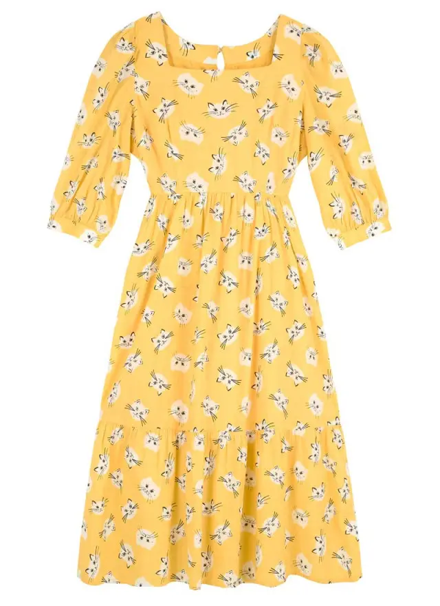 Joanie Clothing Candice Yellow Cat Print Midi Dress 
