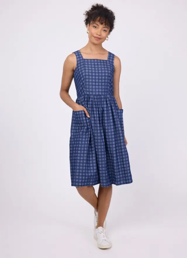 Joanie Clothing Maggie Square Neck Gingham Print Denim Sundress 