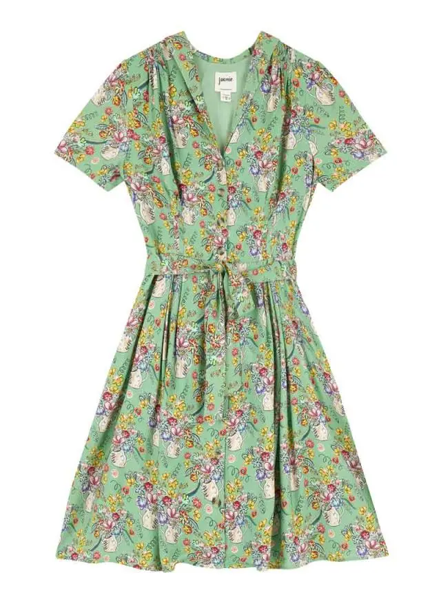 Joanie Clothing Barb Blue Floral Vase Print Tea Dress