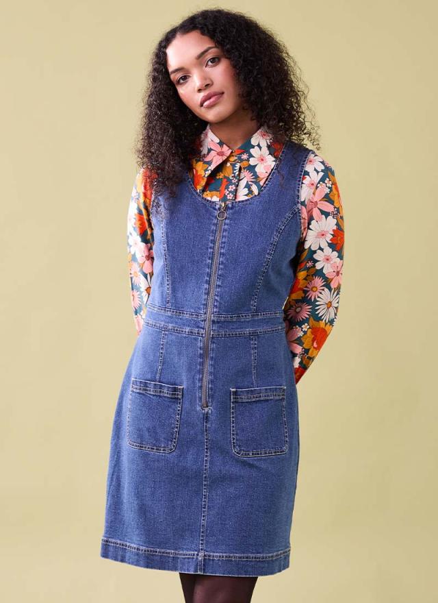 Joanie Clothing Mindy Mid Wash Denim Pinafore Dress 