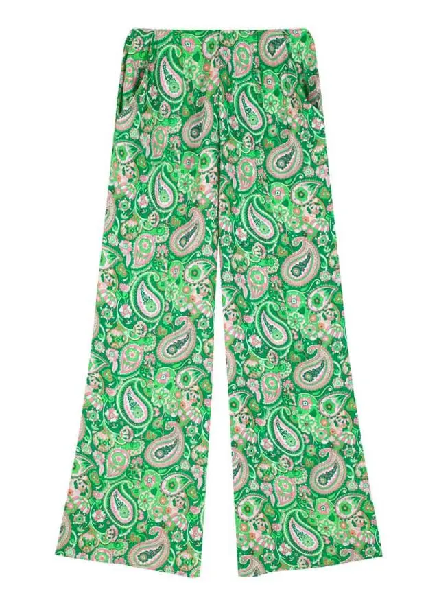 Joanie Clothing Romily Green Paisley Print Wide Leg Trousers 