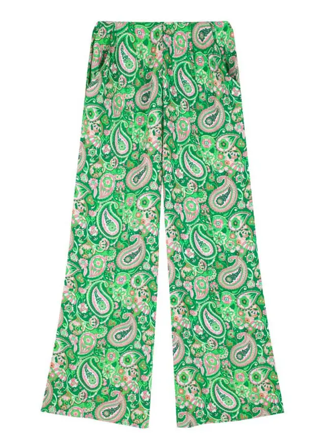 Joanie Clothing Romily Green Paisley Print Wide Leg Trousers 