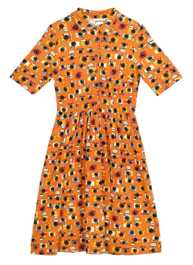 Joanie Clothing Martha Vintage Camera Print Jersey Dress 