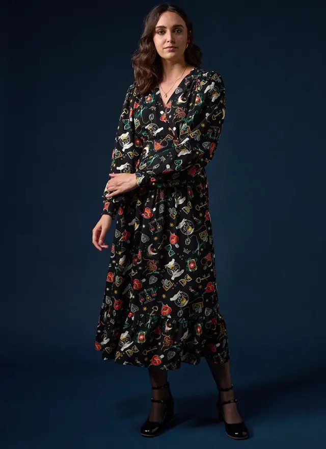 Joanie Clothing Victoria Dark Magic Print Balloon Sleeve Midaxi Dress