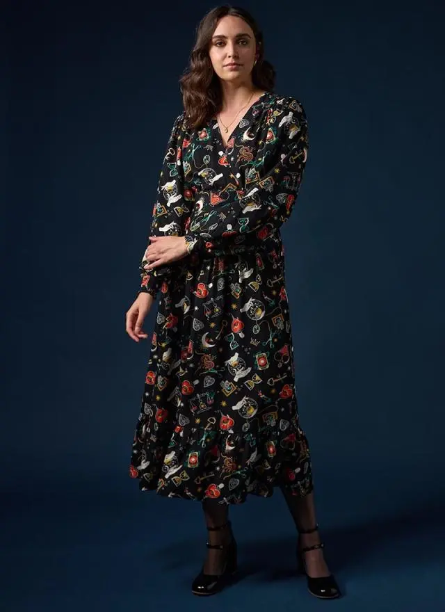 Joanie Clothing Victoria Dark Magic Print Balloon Sleeve Midaxi Dress 