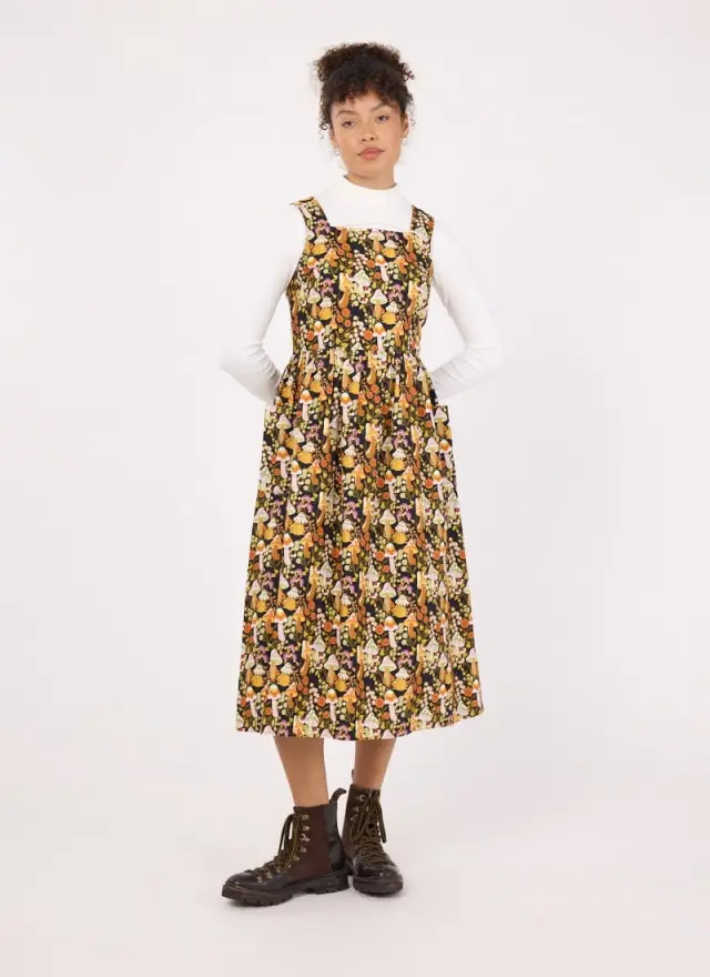 Joanie Clothing Aiken Mushroom Print Velvet Cord Pinafore Dress