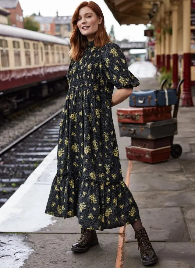 Joanie Clothing Priya Black Floral Print Puff Sleeve Midi Dress