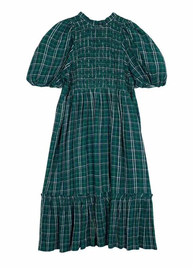 Joanie Clothing Priya Green Check Print Puff Sleeve Midi Dress