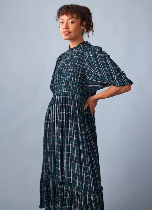 Joanie Clothing Priya Green Check Print Puff Sleeve Midi Dress