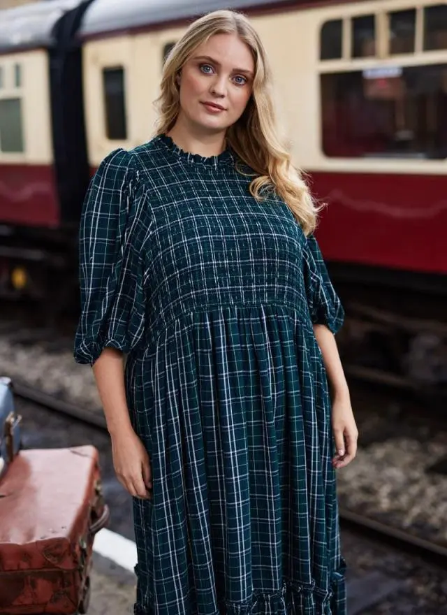 Joanie Clothing Priya Green Check Print Puff Sleeve Midi Dress