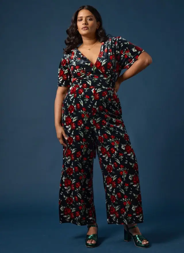 Joanie Clothing Bellatrix Short Sleeve Velvet Floral Jumpsuit 